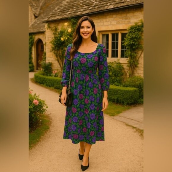 VTG Velvet Dress Floral Boho Quiet Luxury Cottagecore Hanes Spring Fall Winter - Picture 1 of 9